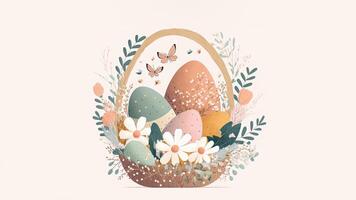 Illustration of Floral Egg Basket With Butterflies Character And Copy Space. Happy Easter Day Concept. photo