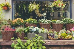 Heather, chrysanthemum and hanging flowers and wreaths at the flower shop photo