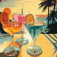 Tropical cocktails on beach with colorful sea sunset background. photo