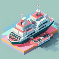 Cartoon isometric cruise ship in water, photo