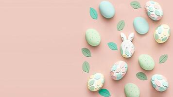 3D Render of Pastel Color Printed Eggs, Leaves, Bunny Cartoon On Pink Background And Copy Space. photo