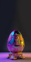 3D Render of Shiny Colorful Floral Easter Egg Stand or Pedestal Against Pink And Black Background And Copy Space. Happy Easter Day Concept. photo