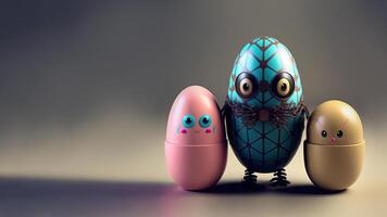 3D Render Of Scary Robotic Egg Characters Against Pastel Brown Background And Copy Space. photo