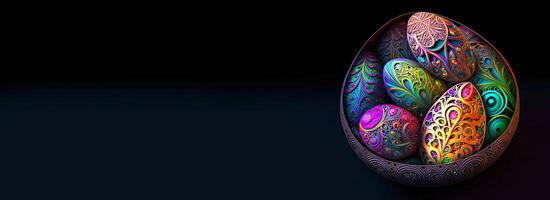 3D Render of Colorful Cloisonne Easter Eggs Bowl On Black Background And Copy Space. Happy Easter Day Concept. photo