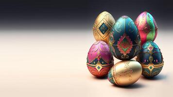 3D Render of Shiny Multicolor Floral Eggs On Grey Background And Copy Space. Easter Concept. photo