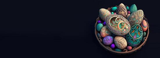 3D Render of Colorful Cloisonne Easter Eggs Bowl On Black Background And Copy Space. Happy Easter Day Concept. photo