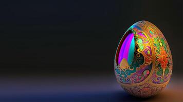 3D Render of Shiny Colorful Floral Egg Against Dark Background And Copy Space. Easter Conept. photo