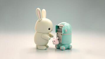 3D Render of Robotic Rabbits Against Pastel Green And White Background With Copy Space. photo