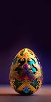3D Render of Colorful Paper Floral Egg On Brown And Purple Background And Copy Space. photo