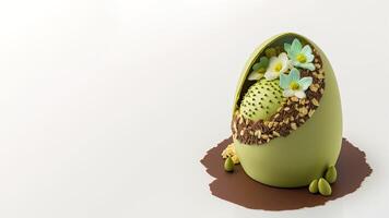 3D Render Of Olive Green And Brown Floral Egg And Copy Space. Easter Concept. photo