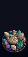 3D Render of Colorful Cloisonne Easter Eggs Bowl On Black Background And Copy Space. Happy Easter Day Concept. photo