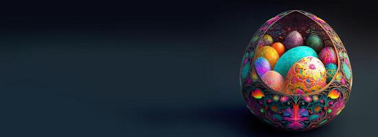 3D Render of Colorful Cloisonne Easter Eggs Basket Or Nest On Black Background And Copy Space. Happy Easter Day Concept. photo