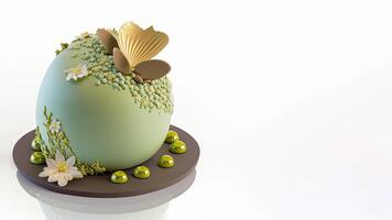 3d hacer de pastel verde y marrón floral huevo y Copiar espacio. Pascua de Resurrección concepto. foto
