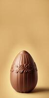 3D Render of Floral Chocolate Egg Against Golden Background And Copy Space. Happy Easter Concept. photo