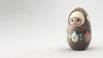 3D Render of Cute Matryoshka Doll And Easter Egg Against Grey Background And Copy Space. photo