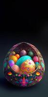 3D Render of Colorful Cloisonne Easter Eggs Basket Or Nest On Black Background And Copy Space. Happy Easter Day Concept. photo