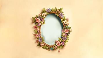 3D Render of Floral Oval Frame Against Pastel Orange Background And Copy Space. photo