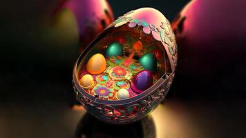 3D Render of Glowing Floral Egg Stand And Copy Space. Happy Easter Day Concept. photo