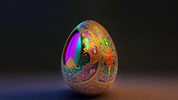 3D Render of Shiny Colorful Floral Egg Against Dark Background And Copy Space. Easter Conept. photo