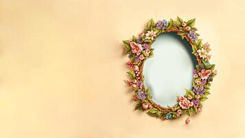 3D Render of Floral Oval Frame Against Pastel Orange Background And Copy Space. photo