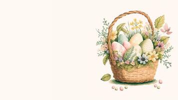Vintage Style Colorful Printed Eggs Inside Floral Basket And Copy Space. Easter Concept. photo