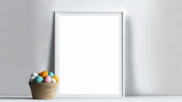 3D Render of Colorful Egg Basket, Empty Vertical Frame Against Grey Background And Copy Space. photo