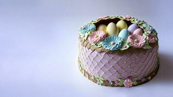 3D Render of Pastel Color Egg And Flowers Decorative Cake Against Purple Background And Copy Space. Happy Easter Concept. photo