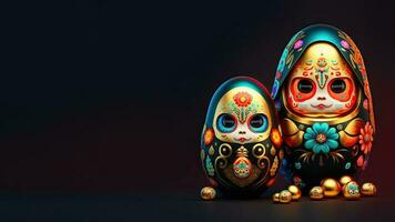 3D Render of Matryoshka Dolls Dark Background And Copy Space. Easter Concept. photo