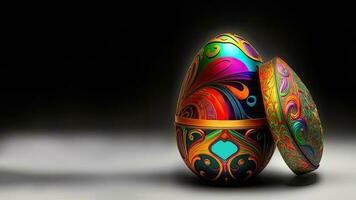 3D Render of Shiny Colorful Floral Egg Against Black And Pink Background And Copy Space. Happy Easter Concept. photo