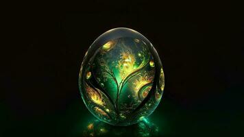 3D Render Of Green And Golden Fantasy Floral Or Forest Inside Crystal Egg Against Dark Background And Copy Space. Easter Concept. photo