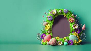 3D Render of Colorful Flowers And Eggs Decorated Oval Arch Against Green Background And Copy Space. photo