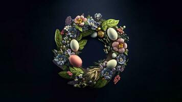 3D Render of Colorful Floral Eggs Nest Against Dark Background And Copy Space. photo
