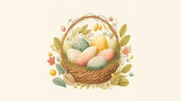 Flat Style Colorful Printed Eggs Inside Floral Basket And Copy Space. Easter Concept. photo