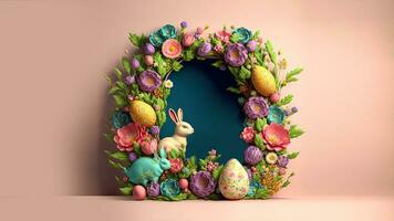 3D Render Of Colorful Flower, Egg Decorative Circular Arch With Bunny Character Against Pastel Pink Background And Copy Space. Easter Concept. photo