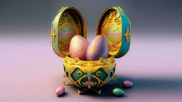 3D Render of Floral Eggs Box On Grey And Pink Background And Copy Space. Happy Easter Concept. photo