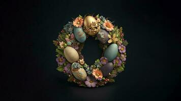 3D Render of Beautiful Butterflies, Floral Nest With Eggs Against Black Background And Copy Space. photo