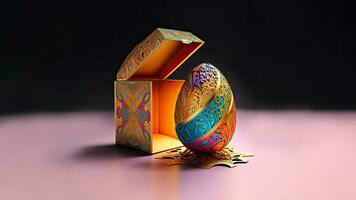 3D Render of Shiny Colorful Floral Egg Against Black And Pink Background And Copy Space. Happy Easter Concept. photo