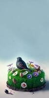 3D Render of Cute Bird With Eggs On Floral Circle Landscape Against Light Blue Background And Copy Space. photo