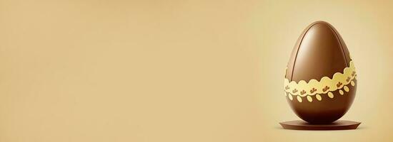 3D Render of Chocolate Egg On Circular Podium Against Golden Background. Easter Concept. photo