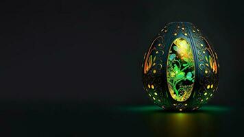 3D Render of Illuminate Floral Egg Against Dark Background And Copy Space. photo