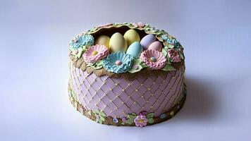 3D Render of Pastel Color Egg And Flowers Decorative Cake Against Purple Background And Copy Space. Happy Easter Concept. photo