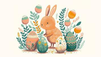 Flat Style Cute Bunny Character In Leaves Landscape With Eggs And Copy Space. Happy Easter Concept. photo