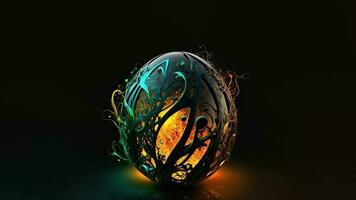 3D Render of Lit Floral Egg Against Dark Background And Copy Space. Easter Concept. photo