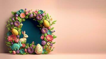 3D Render Of Colorful Flower, Egg Decorative Circular Arch With Bunny Character Against Pastel Pink Background And Copy Space. Easter Concept. photo