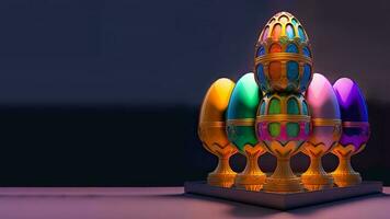 3D Render Of Colorful Floral Egg Stands On Purple Background And Copy Space. Happy Easter Day Concept. photo