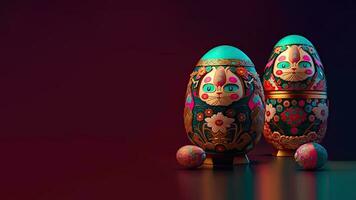 3D Render of Matryoshka Dolls Against Reflection Dark Background And Copy Space. Easter Concept. photo