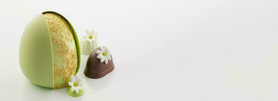 3d hacer de aceituna verde y marrón flores decorativo huevo y Copiar espacio. Pascua de Resurrección concepto. foto