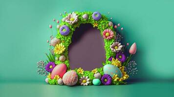 3d hacer de vistoso flores y huevos decorado oval arco en contra verde antecedentes y Copiar espacio. foto