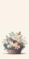 Floral Easter Egg Basket With Butterfly Character Against Cosmic Latte Background And Copy Space. Happy Easter Concept. photo