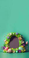 3D Render of Colorful Flowers And Eggs Decorated Oval Arch Against Green Background And Copy Space. photo